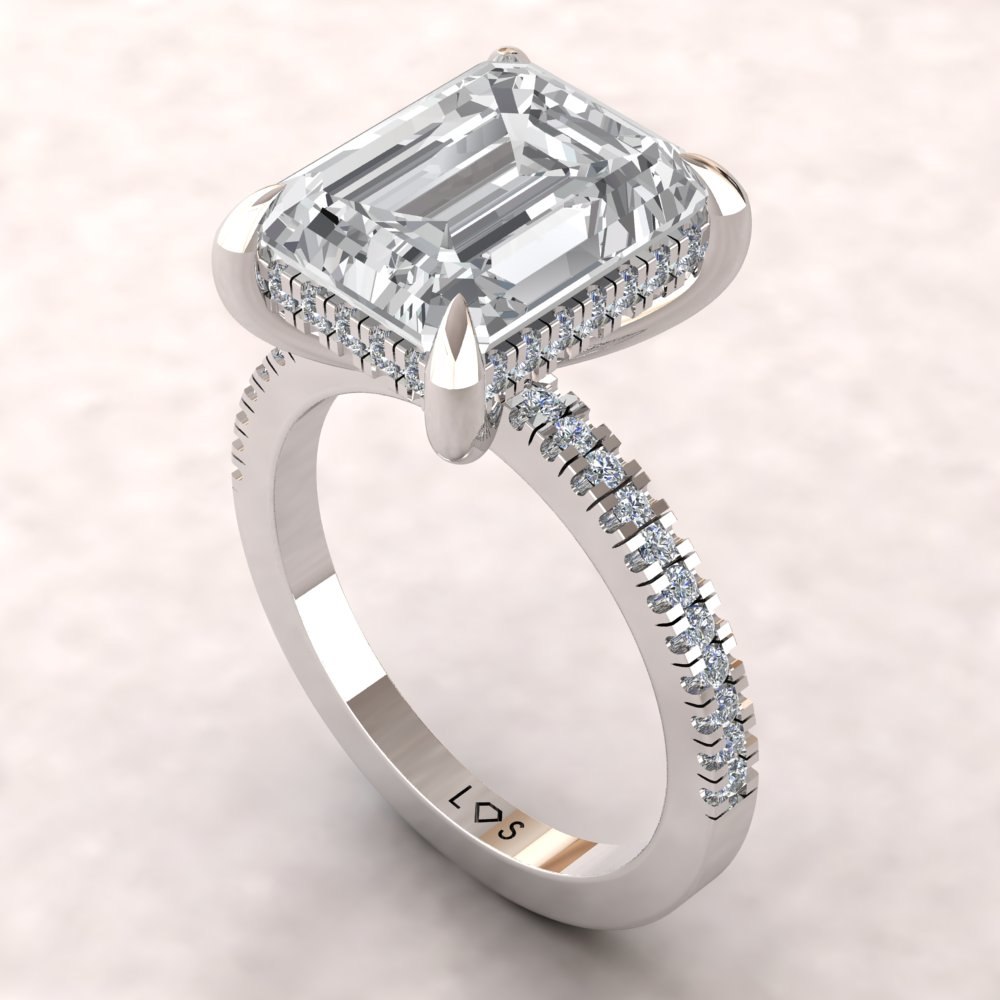 Emerald Cut Diamond Ring Hidden Side Halo White Gold Platinum LS5481