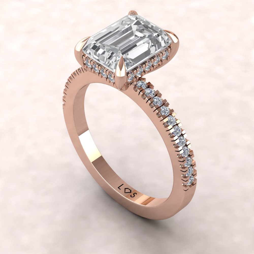 Emerald Cut Lab Diamond Engagement Ring Hidden Halo Rose Gold LS5480