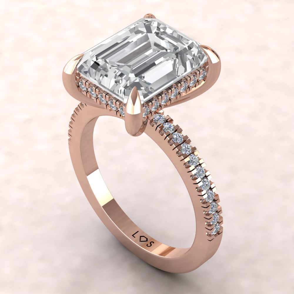 Emerald Cut Lab Diamond Engagement Ring Hidden Halo Rose Gold LS5481