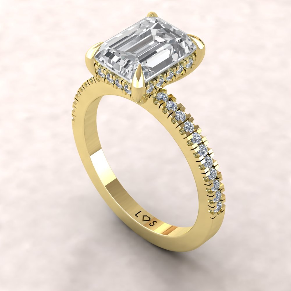 Emerald Cut Lab Diamond Engagement Ring Hidden Halo Yellow Gold LS5480