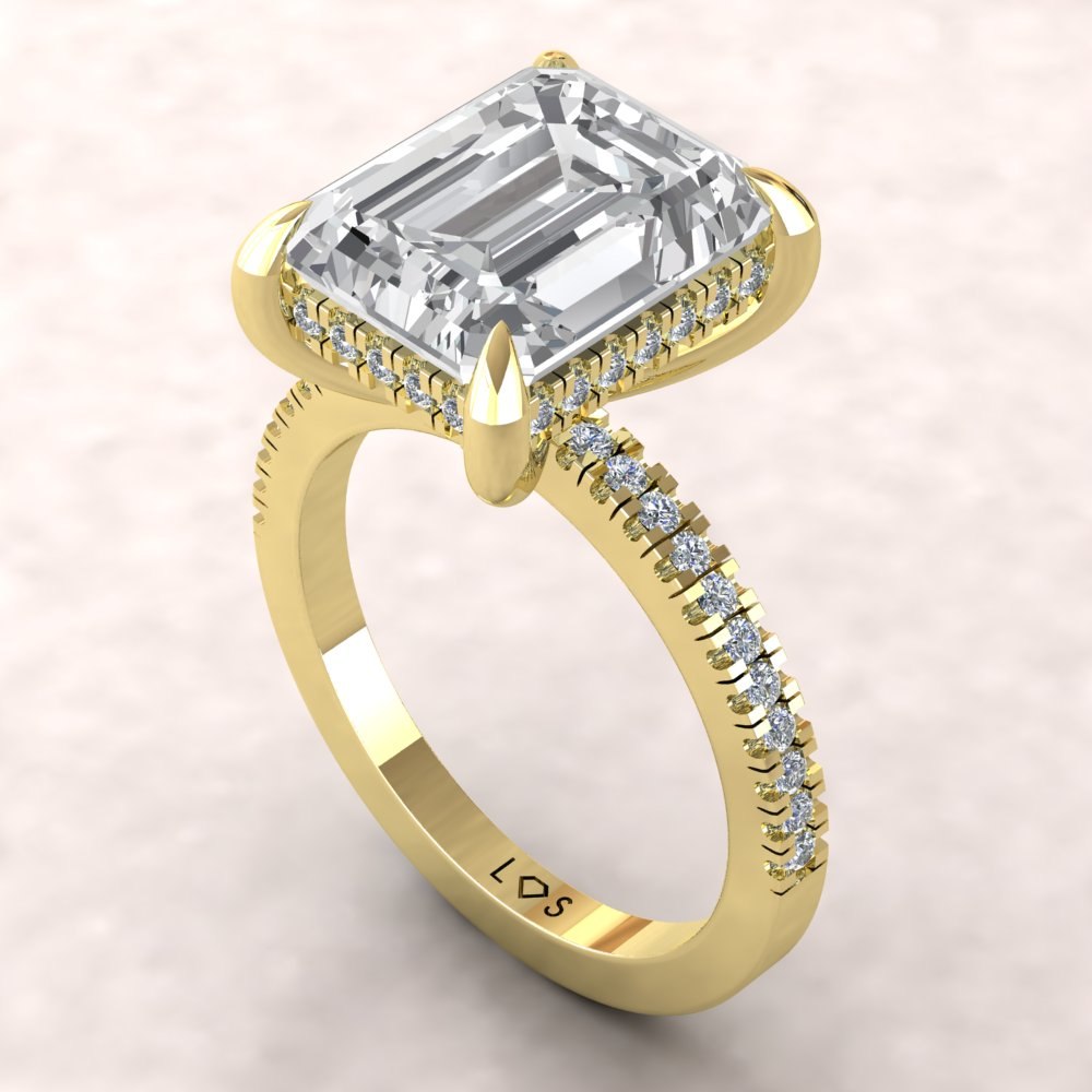Emerald Cut Lab Diamond Engagement Ring Hidden Halo Yellow Gold LS5481