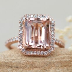 Emerald Cut Morganite Diamond Shank Engagement Ring Rose Gold LS6186