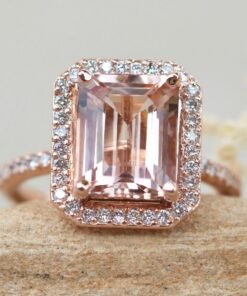 Emerald Cut Morganite Diamond Shank Engagement Ring Rose Gold LS6186