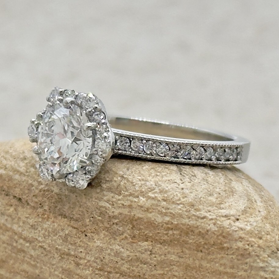 Flower Diamond Halo Ring Pave Beaded Shank White Gold Platinum LS7225