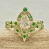 IGI Pear Cut Lab Diamond Emerald Matching Ring Set Yellow Gold LS7300