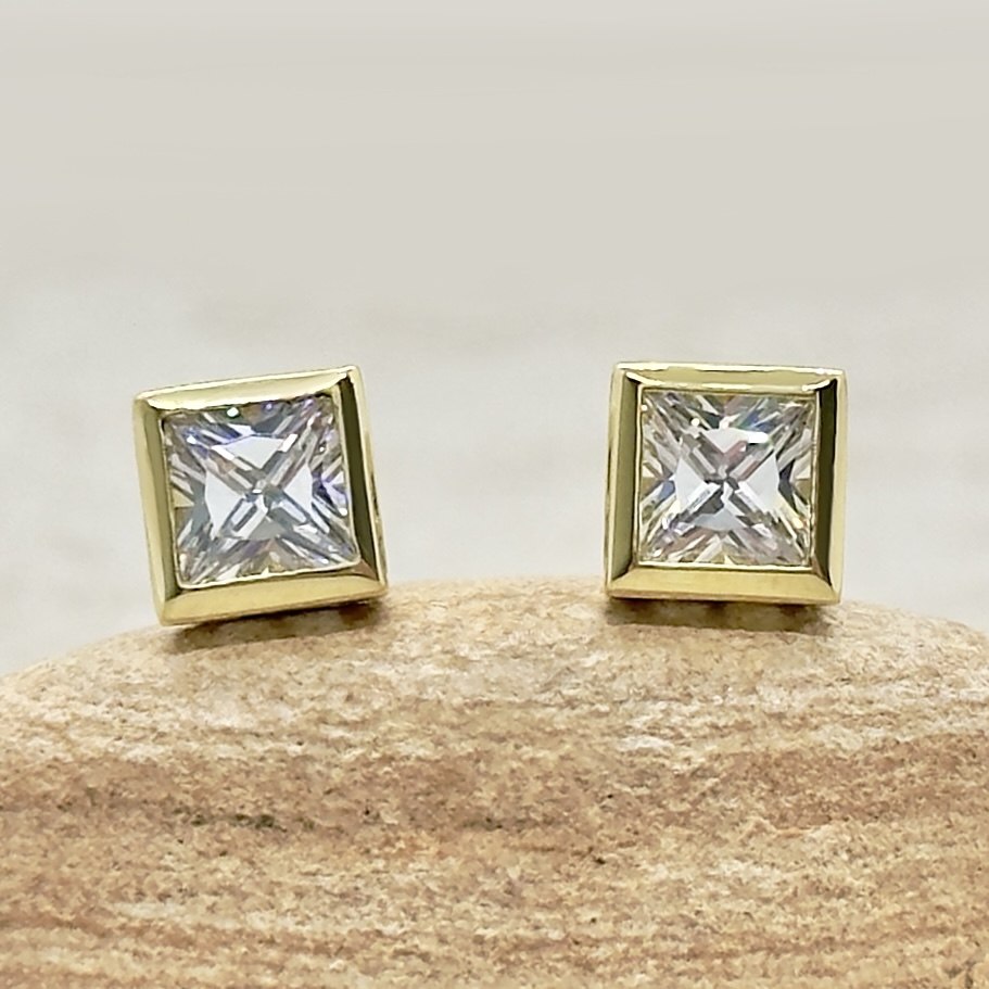 Custom Princess Cut CZ Earrings in 18k Yellow Gold - Image 2