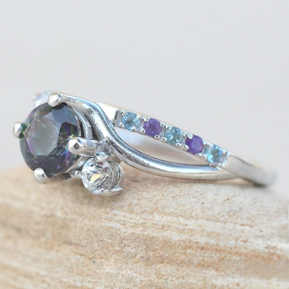 Mystic Topaz Gem Ring Amethyst Aquamarine White Gold Platinum LS4861