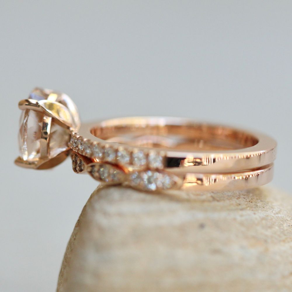 Peach Pink Morganite Ring Vintage Style Diamond Band Rose Gold LS7404