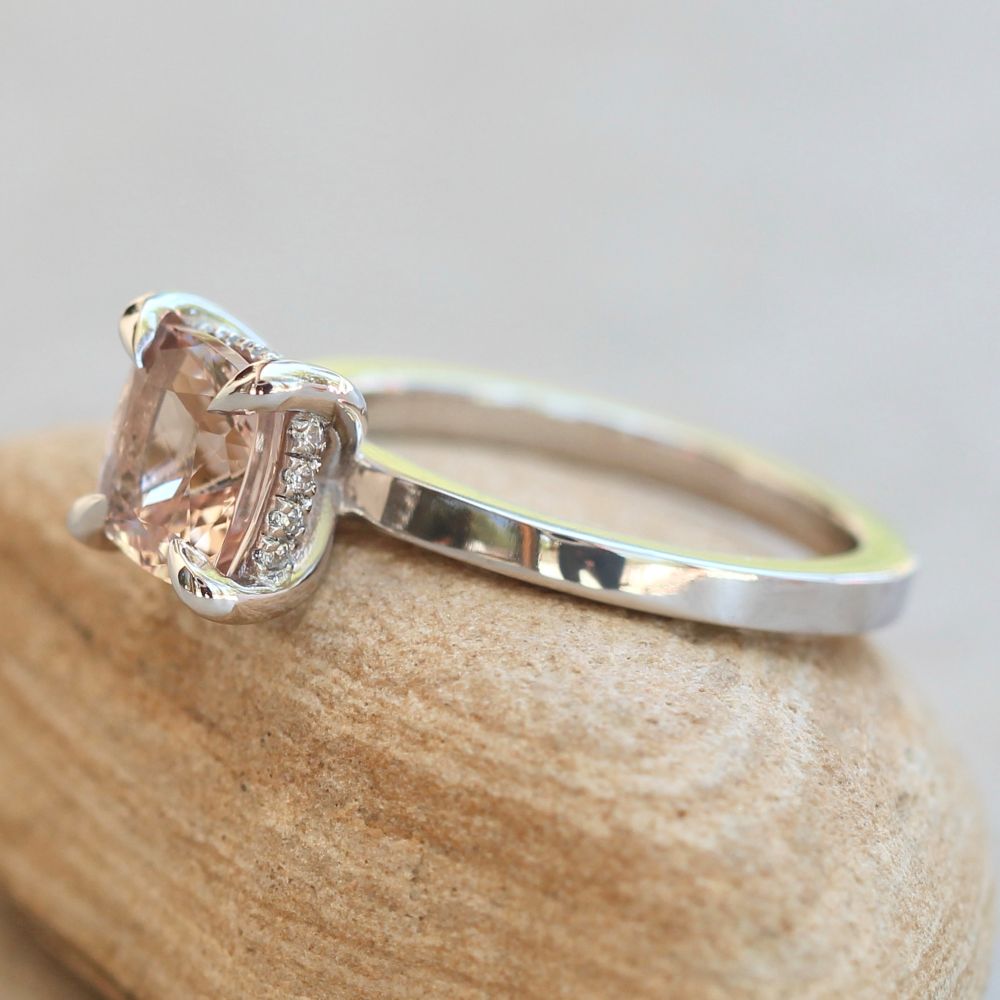 Plain Shank Square Cushion Morganite Ring White Gold Platinum LS7402