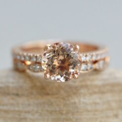 Portuguese Round Morganite Ring Matching Bridal Set Rose Gold LS7404