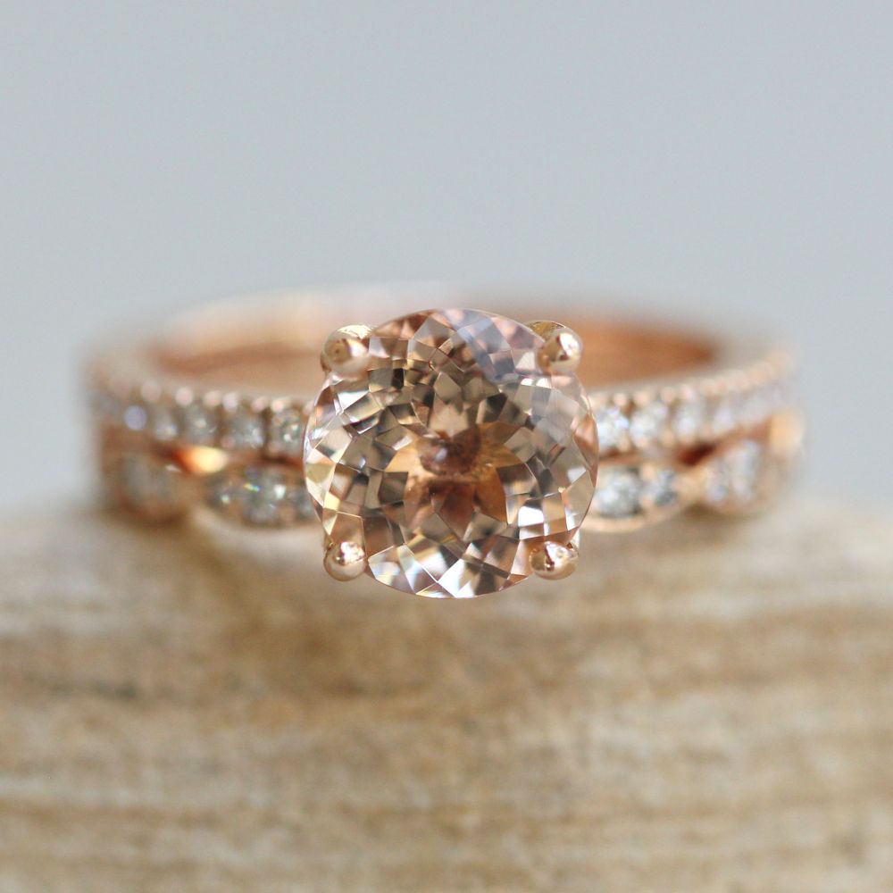 Portuguese Round Morganite Ring Matching Bridal Set Rose Gold LS7404