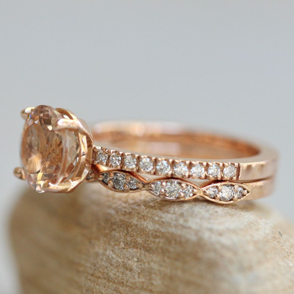 Round Cut Morganite Ring Marquise Style Wedding Band Rose Gold LS7404