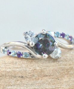 Round Cut Mystic Topaz Ring Twisted Shank White Gold Platinum LS4861