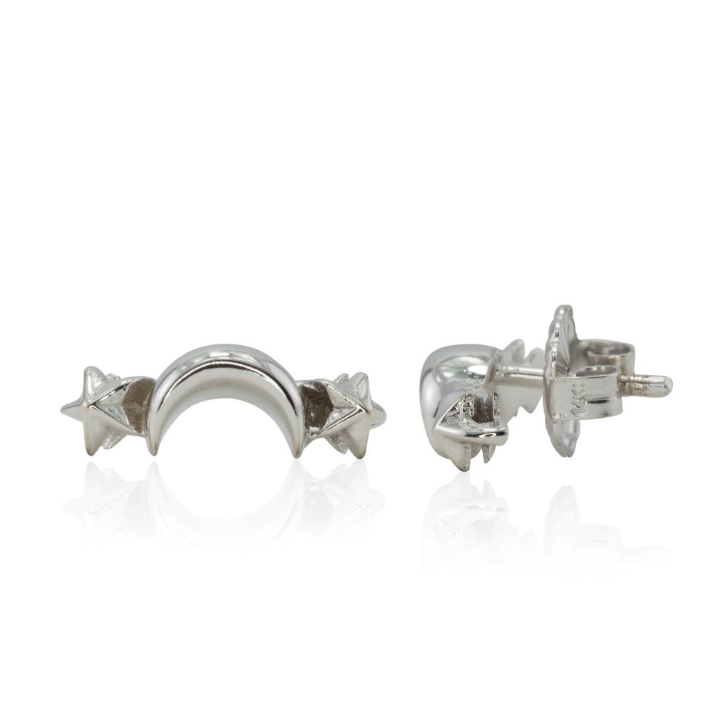 Simple Crescent Moon Star Pushback Earrings White Gold Platinum LS4367