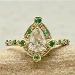 Vintage Style Emerald and Diamond Halo Wedding Ring Yellow Gold LS7368