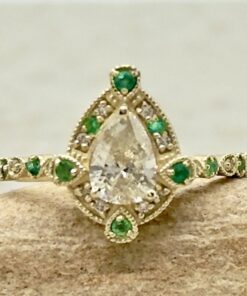 Vintage Style Emerald and Diamond Halo Wedding Ring Yellow Gold LS7368