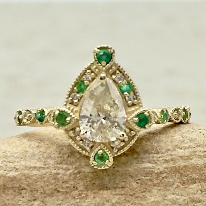 Vintage Style Emerald and Diamond Halo Wedding Ring Yellow Gold LS7368