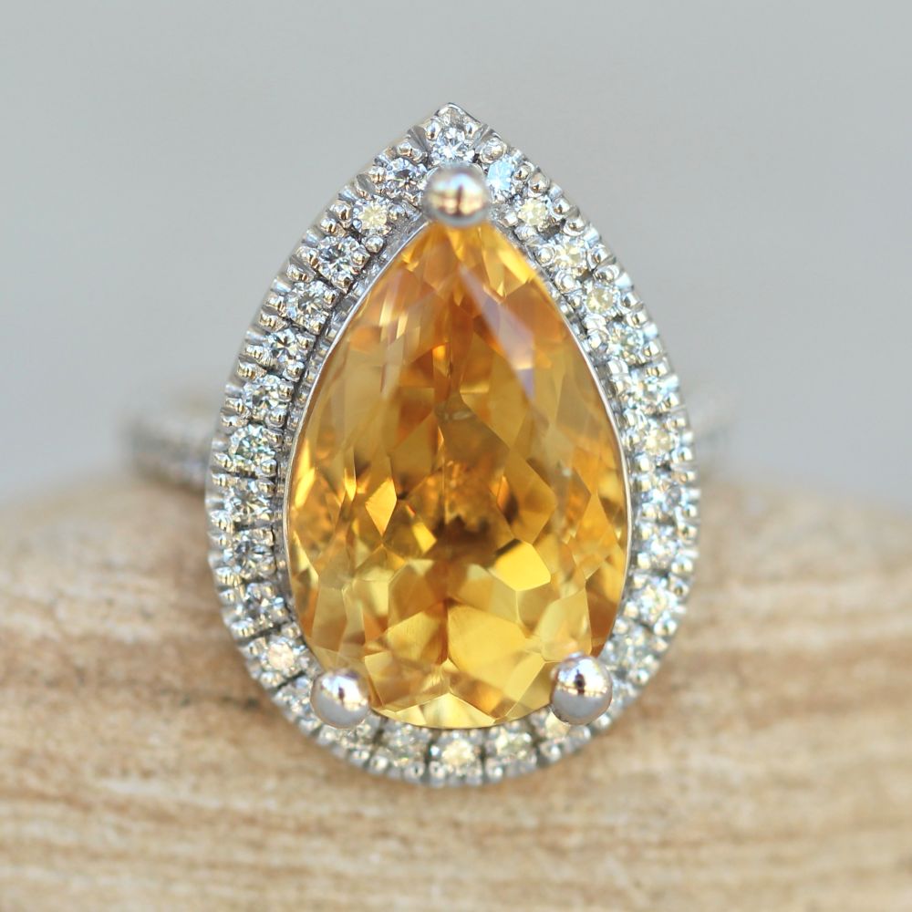 6 Carat Pear Cut Citrine Diamond Prong Ring White Gold Platinum LS6308