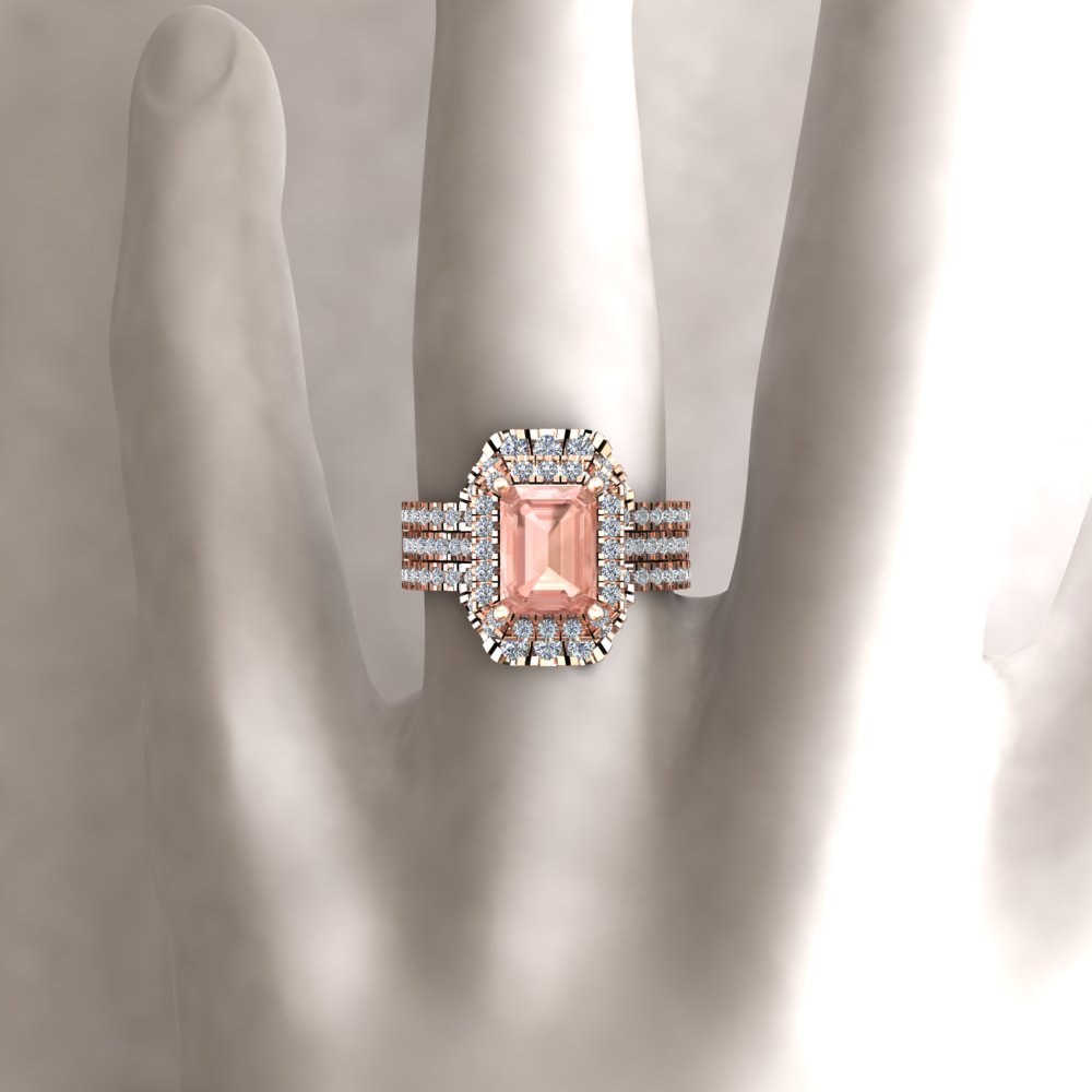 AAA Emerald Cut Morganite Diamond Engagement Ring Set Rose Gold LS6848