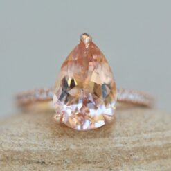 AAA Pear Cut Peachy Pink Morganite Ring Diamond Shank Rose Gold LS5724