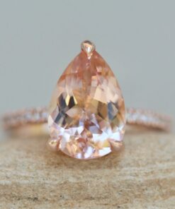 AAA Pear Cut Peachy Pink Morganite Ring Diamond Shank Rose Gold LS5724