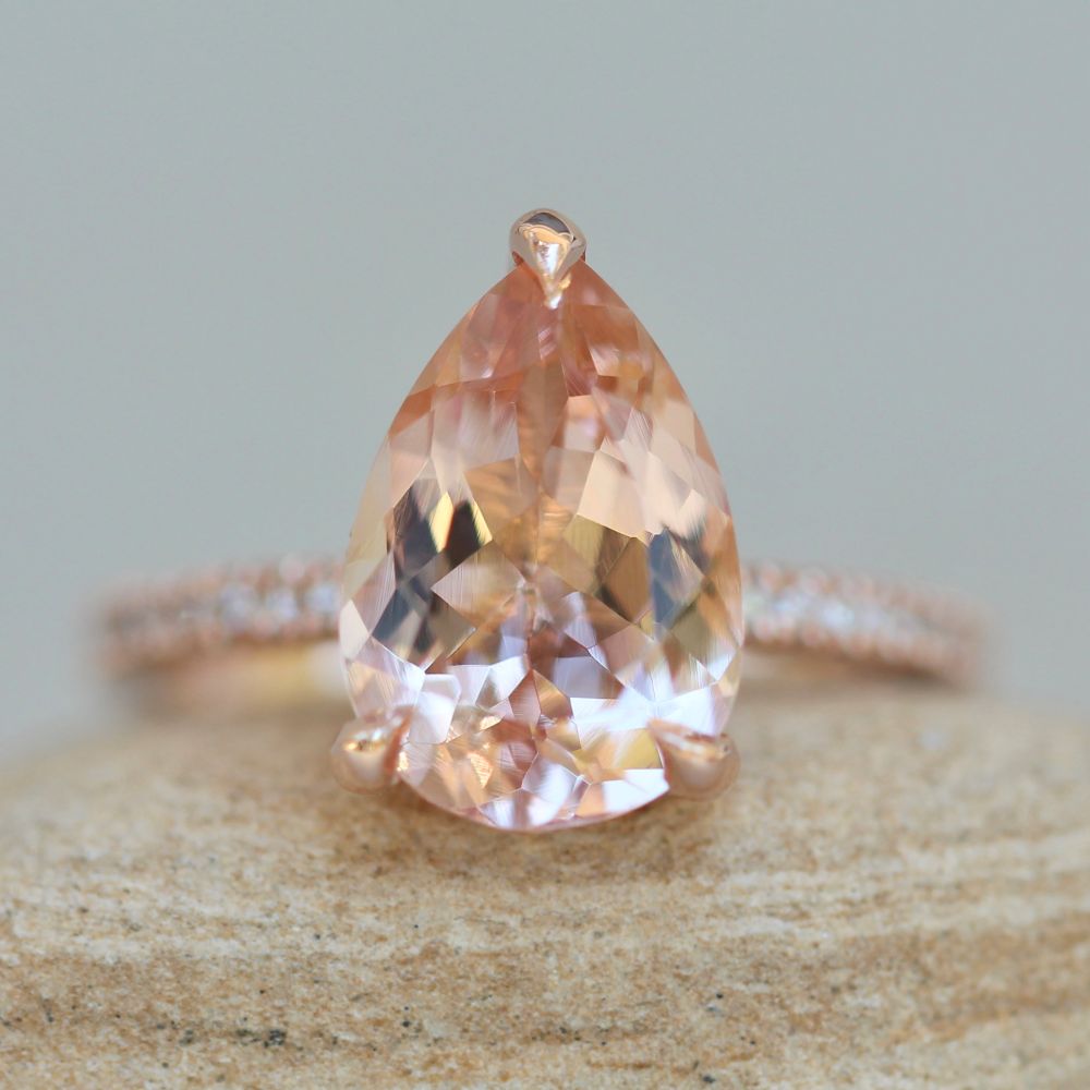 AAA Pear Cut Peachy Pink Morganite Ring Diamond Shank Rose Gold LS5724
