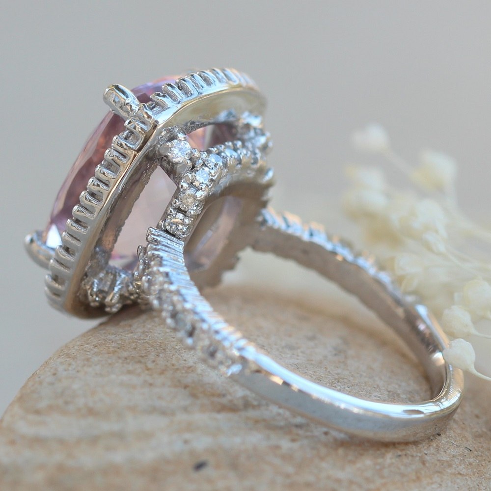 AAA Pink Morganite Rectangular Cushion Ring White Gold Platinum LS2449