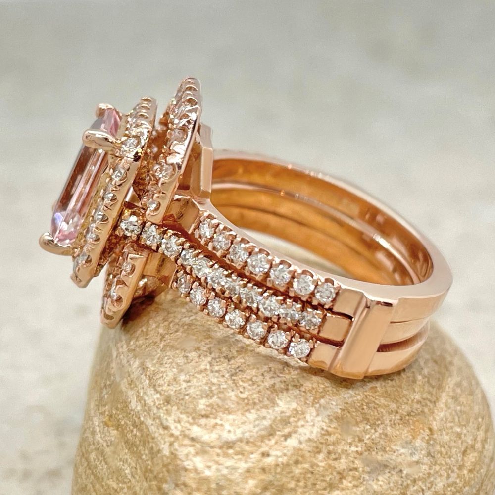 Emerald Cut Light Morganite Diamond Bridal Ring Set Rose Gold LS6848