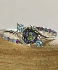 Mystic Topaz Three Stone Ring Twisted Shank White Gold Platinum LS7442