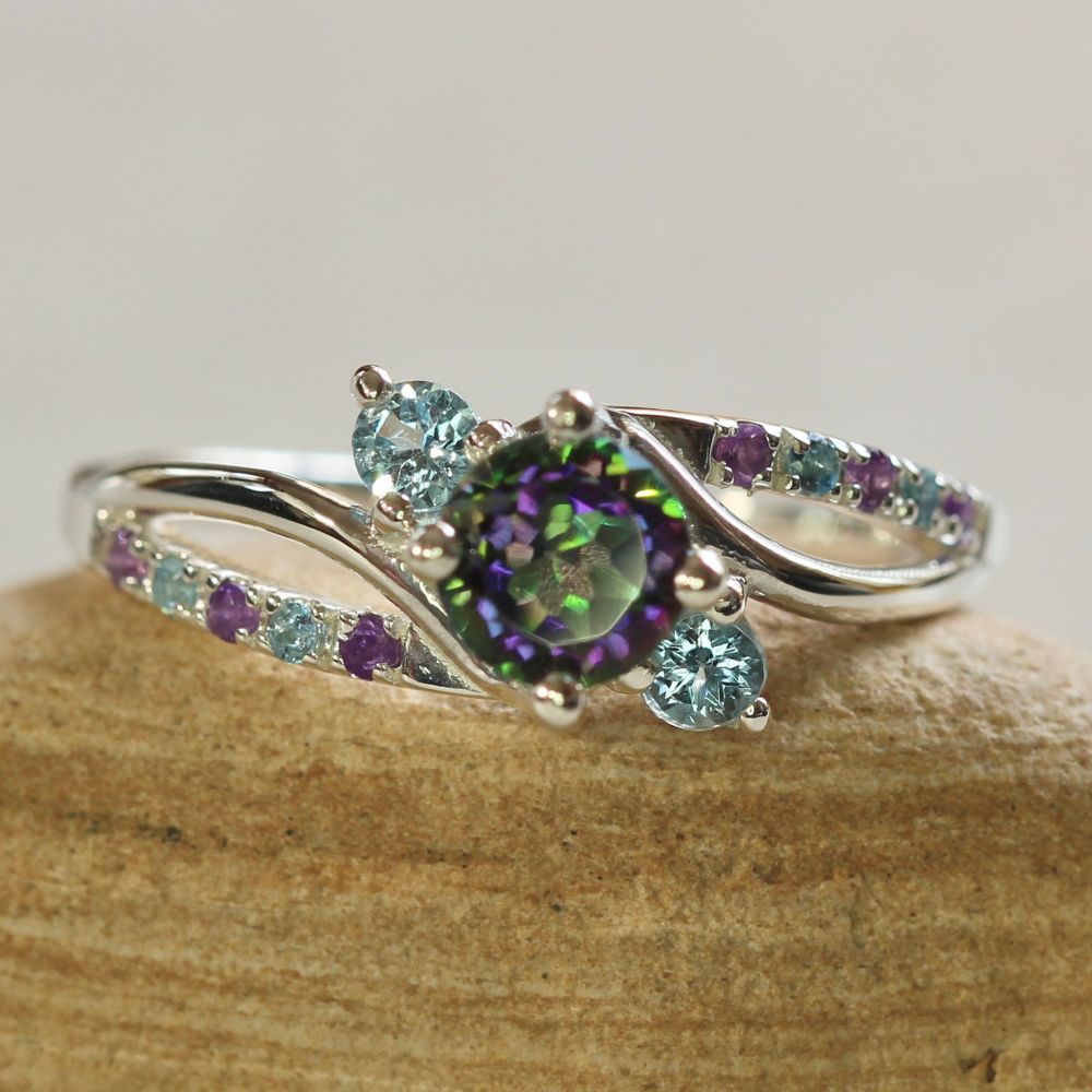 Mystic Topaz Three Stone Ring Twisted Shank White Gold Platinum LS7442