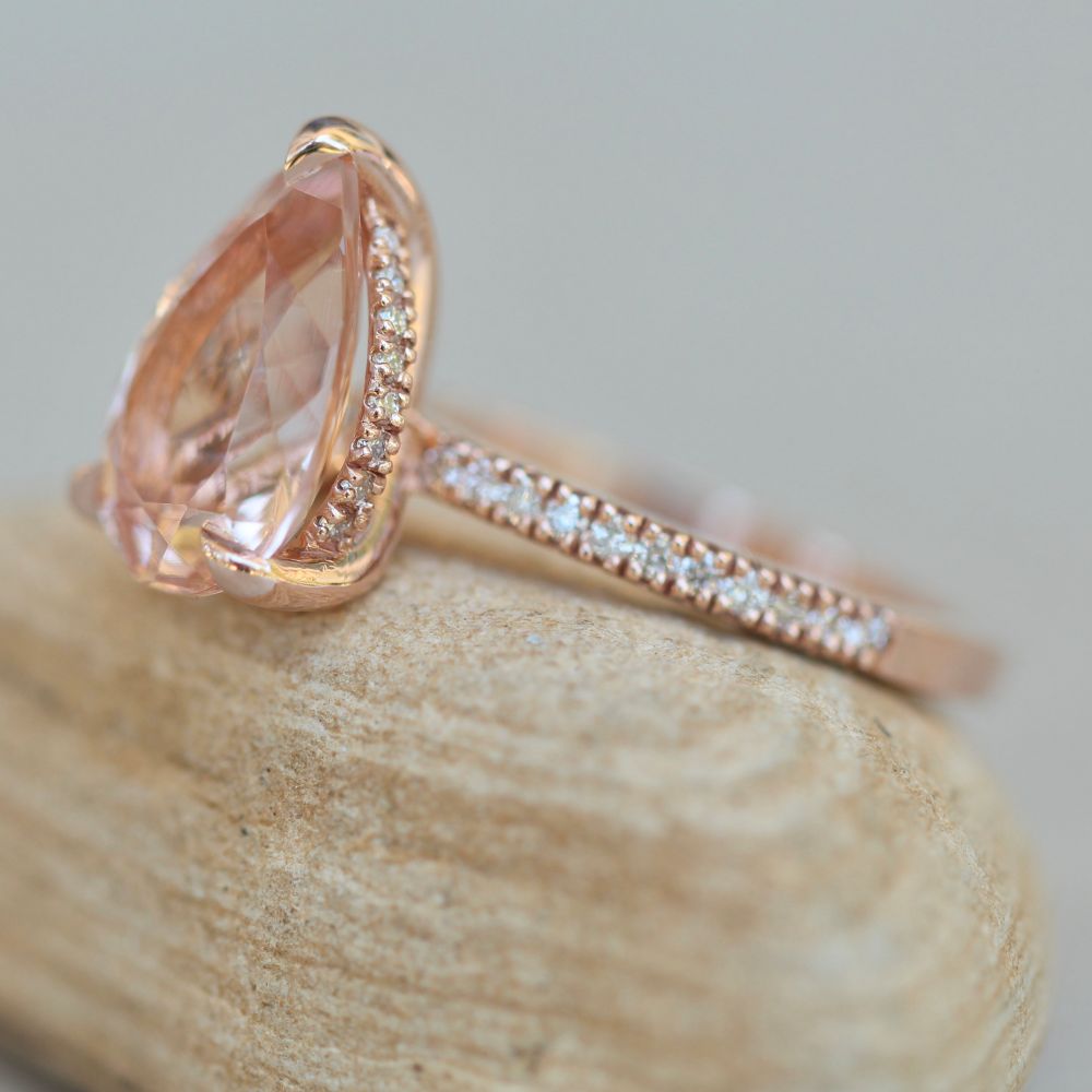 Pear Cut Peach Morganite Engagement Ring Diamond Halo Rose Gold LS5724