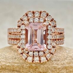 Pink Morganite Diamond Halo Ring Jacket Wedding Band Rose Gold LS6848