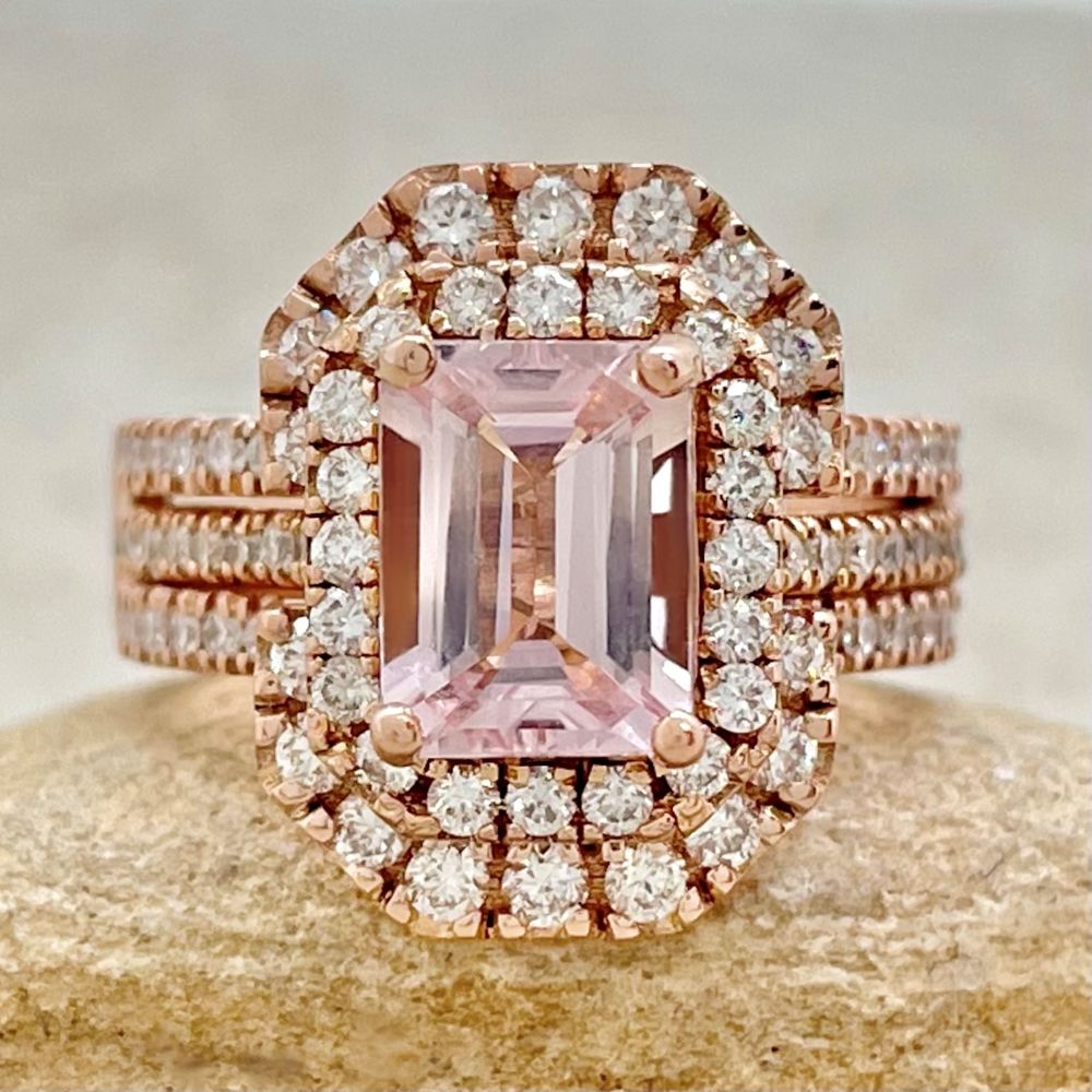 Pink Morganite Diamond Halo Ring Jacket Wedding Band Rose Gold LS6848