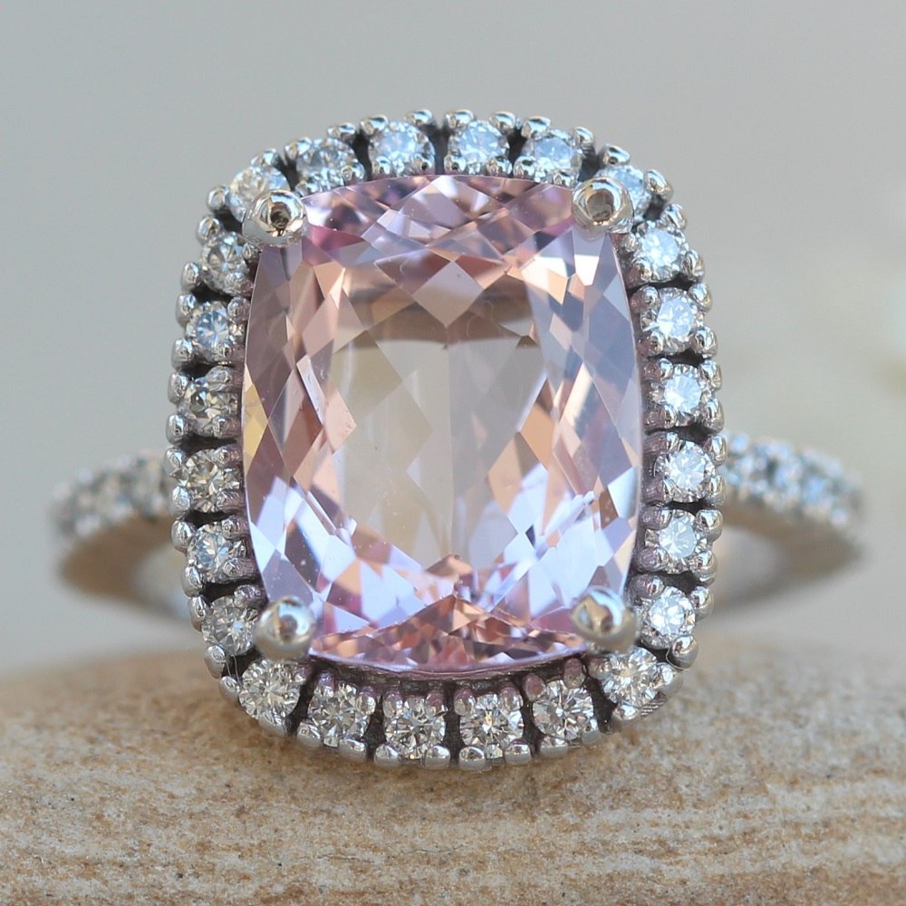 Rare Pink Morganite Gem Diamond Halo Ring White Gold Platinum LS2449
