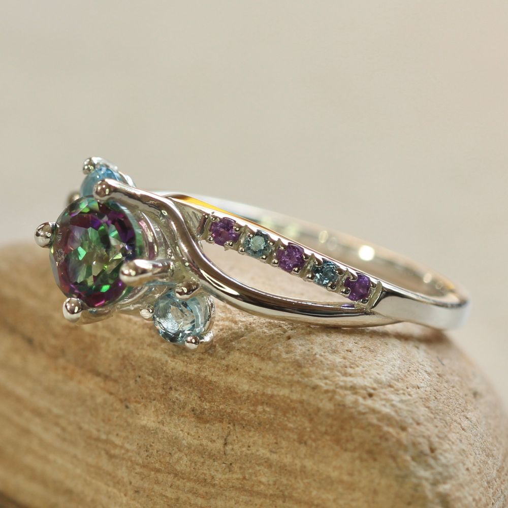 Round Cut Mystic Topaz Ring Gemstone Shank White Gold Platinum LS7442