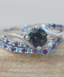 Round Mystic Topaz Ring Set Twisted Shank White Gold Platinum LS6209