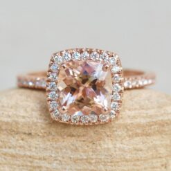 Square Cushion Morganite Diamond Halo Engagement Ring Rose Gold LS6256