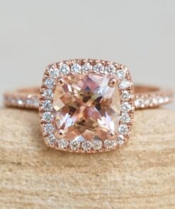 Square Cushion Morganite Diamond Halo Engagement Ring Rose Gold LS6256