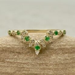 Vintage Style Emerald and Diamond Halo Wedding Ring Yellow Gold LS7369