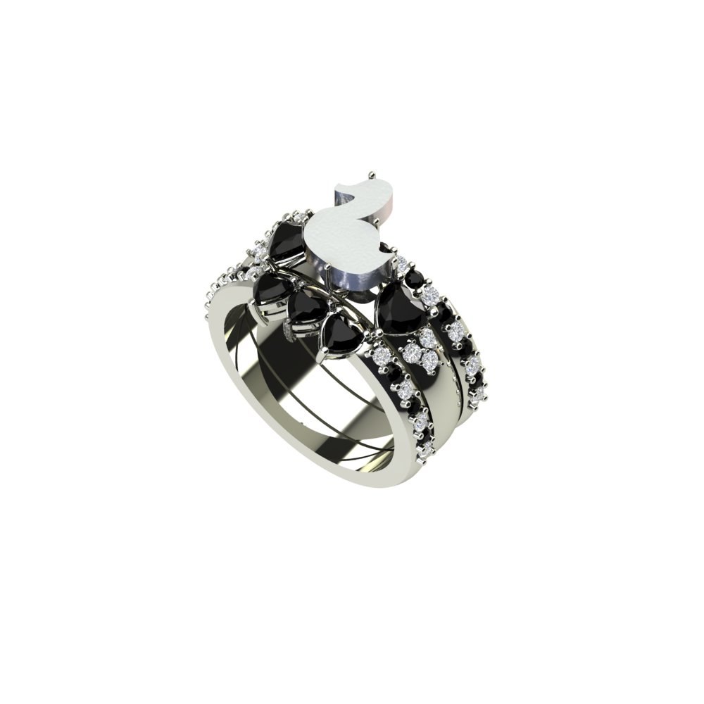 Custom Lab Diamond Duck Engagement Ring with Black and White Diamond Wedding Bands - Image 2