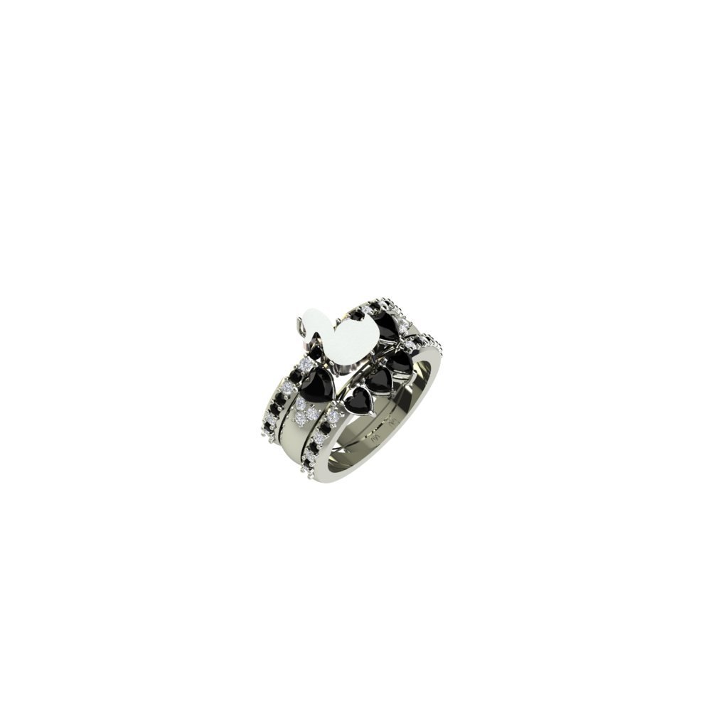 Custom Lab Diamond Duck Engagement Ring with Black and White Diamond Wedding Bands - Image 5