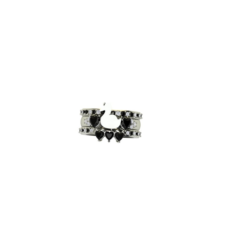 Custom Lab Diamond Duck Engagement Ring with Black and White Diamond Wedding Bands - Image 6