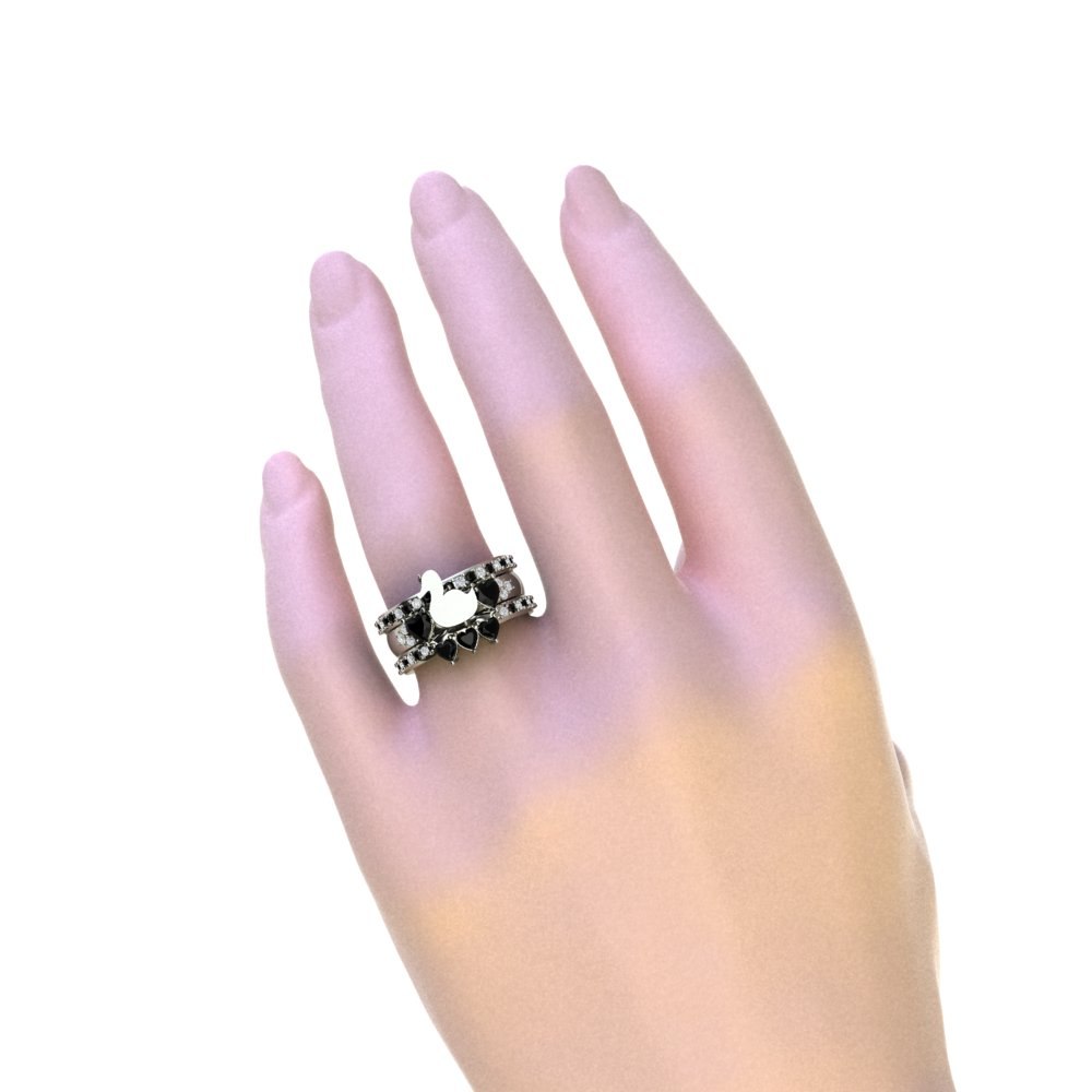 Custom Lab Diamond Duck Engagement Ring with Black and White Diamond Wedding Bands - Image 3