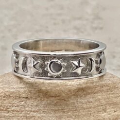 Celestial Sun Moon Stars Man's Wedding Band White Gold Platinum LS6830