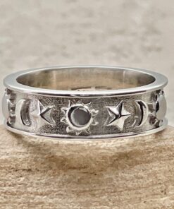 Celestial Sun Moon Stars Man's Wedding Band White Gold Platinum LS6830