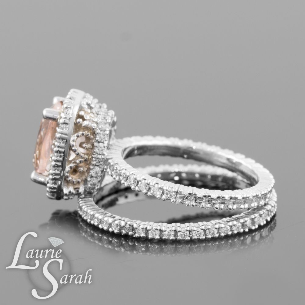 Cushion Cut Morganite Diamond Halo Ring Set White Gold Platinum LS3467