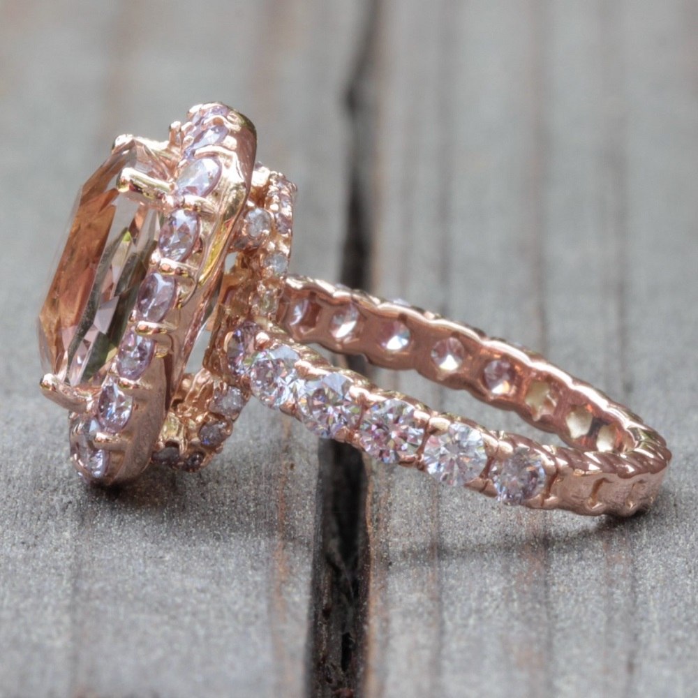 Cushion Cut Peach Morganite Pink Diamond Gallery Ring Rose Gold LS2983