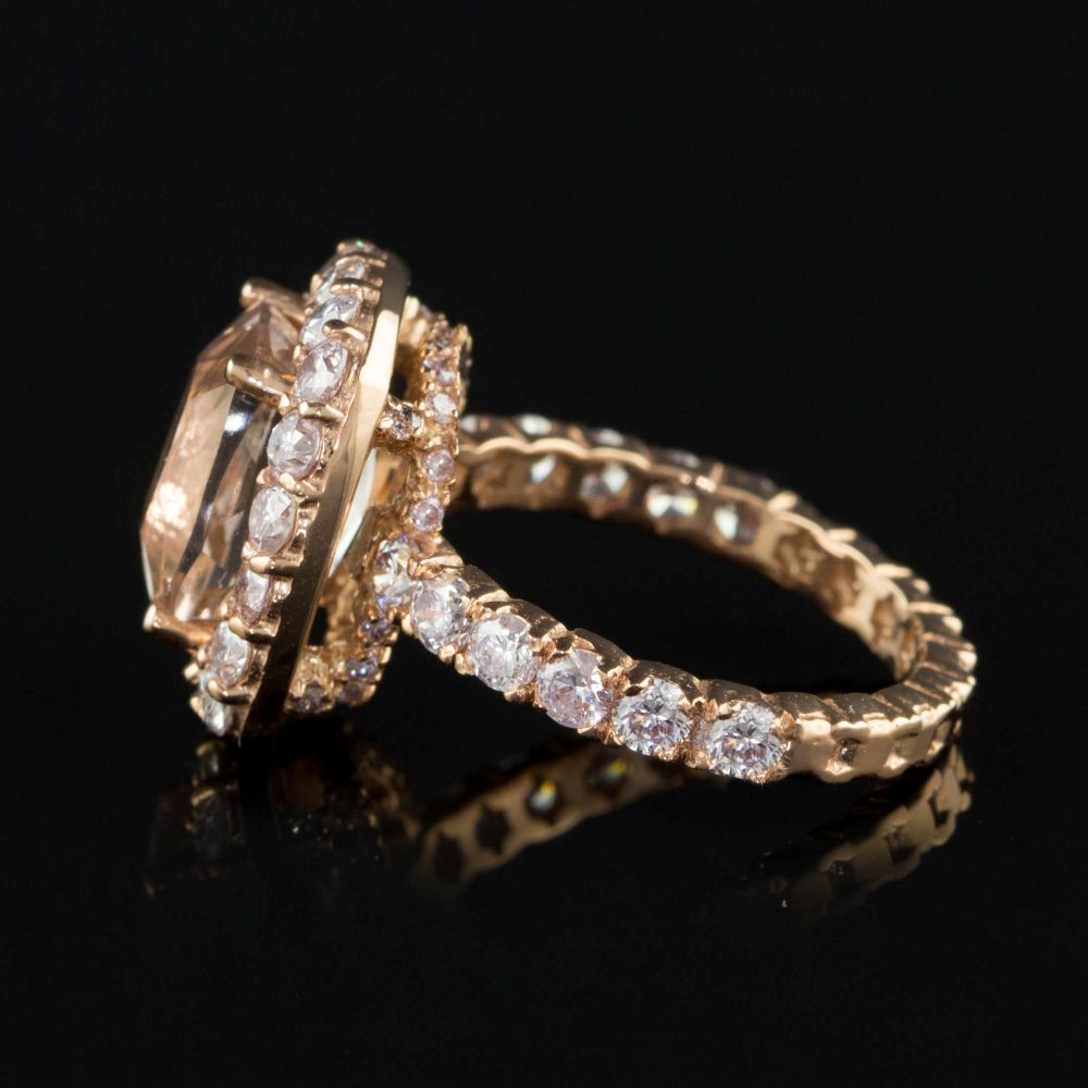 Cushion Peach Morganite Pink Diamond Gallery Ring Yellow Gold LS2983