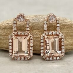 Elegant Emerald Cut Peach Morganite Diamond Earrings Rose Gold LS7099