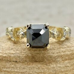 Emerald Cut Black Diamond Sun Moon Stars Space Ring Yellow Gold LS6420
